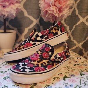 Vans Women's Rose and Checkered Slip-On Sneakers